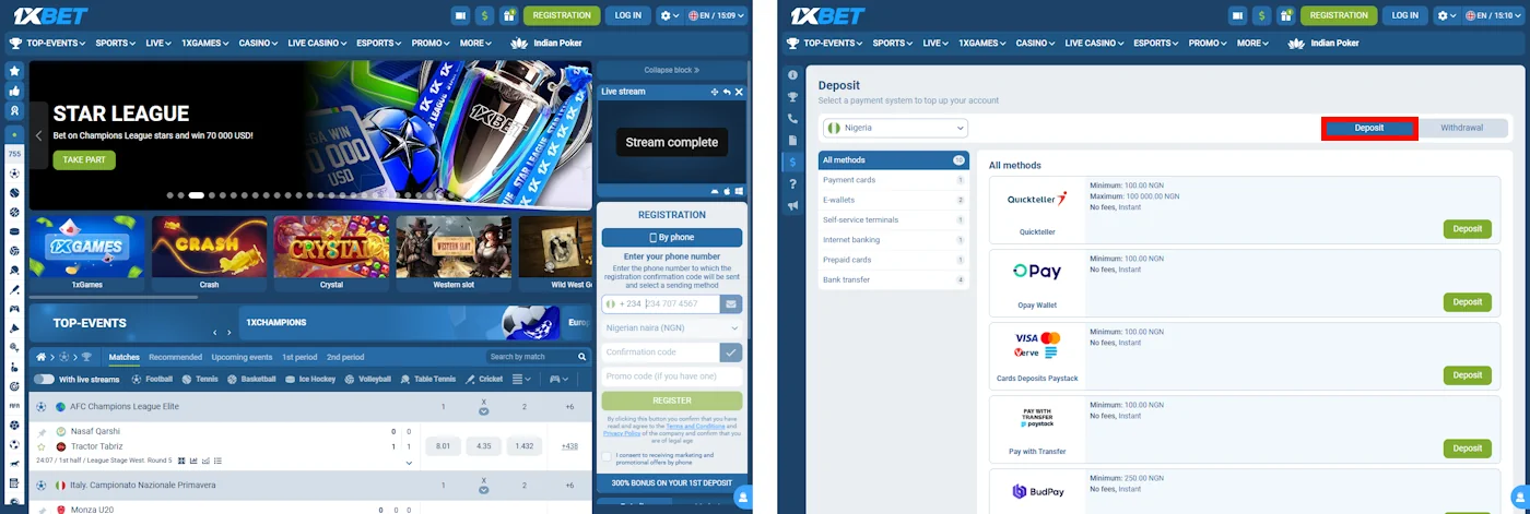1xBet Homepage and Payments Screenshot